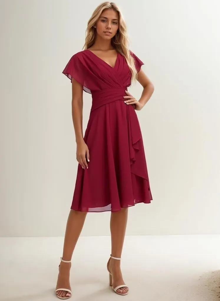 Junior Bridesmaid Dresses Plus Size Chiffon Wedding Dress Flowy V Neck Short Evening Dresses for Women