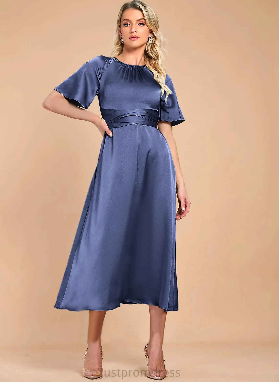 Kassandra Elegant Club Dresses Neck Midi Round Short Dresses Sleeves Satin A-line