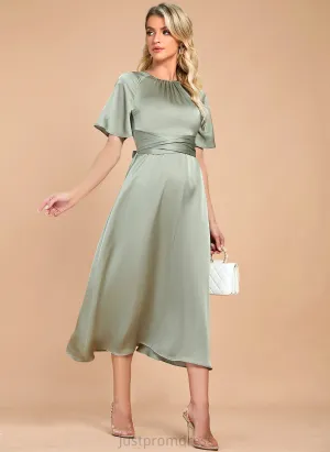 Kassandra Elegant Club Dresses Neck Midi Round Short Dresses Sleeves Satin A-line