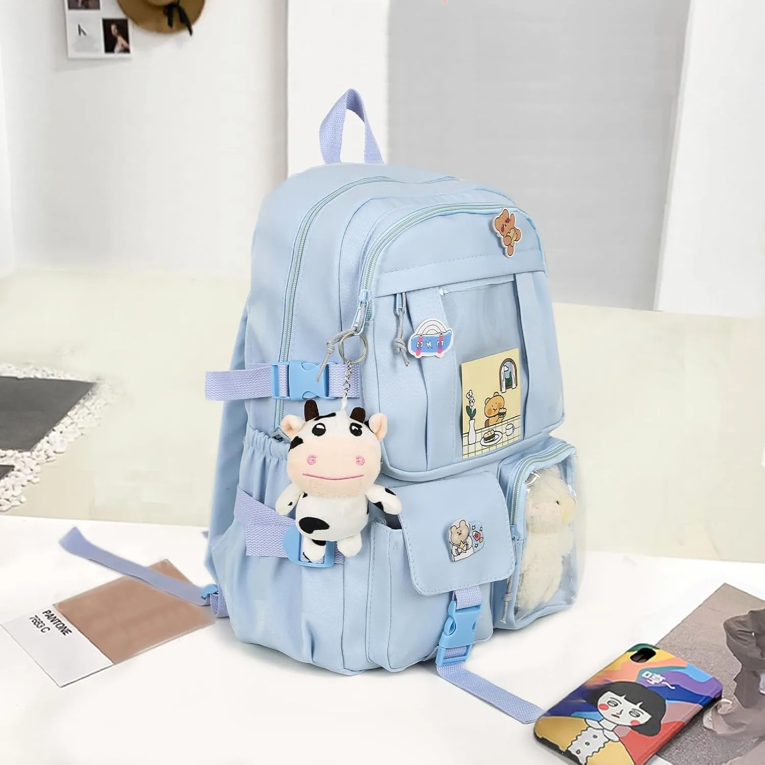 Kawaii Backpack for Girls Cute Aesthetic Backpack Bookbag with Pins Accessories Pendant for School