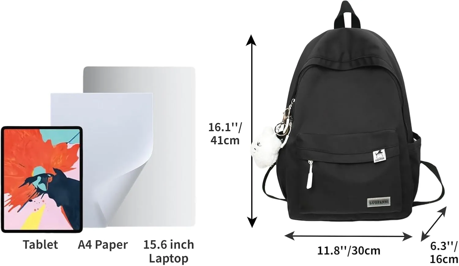Kawaii Backpack with Cute Accessories Aesthetic 15.6 Inch Laptop Backpack Plush Pendant (Black)
