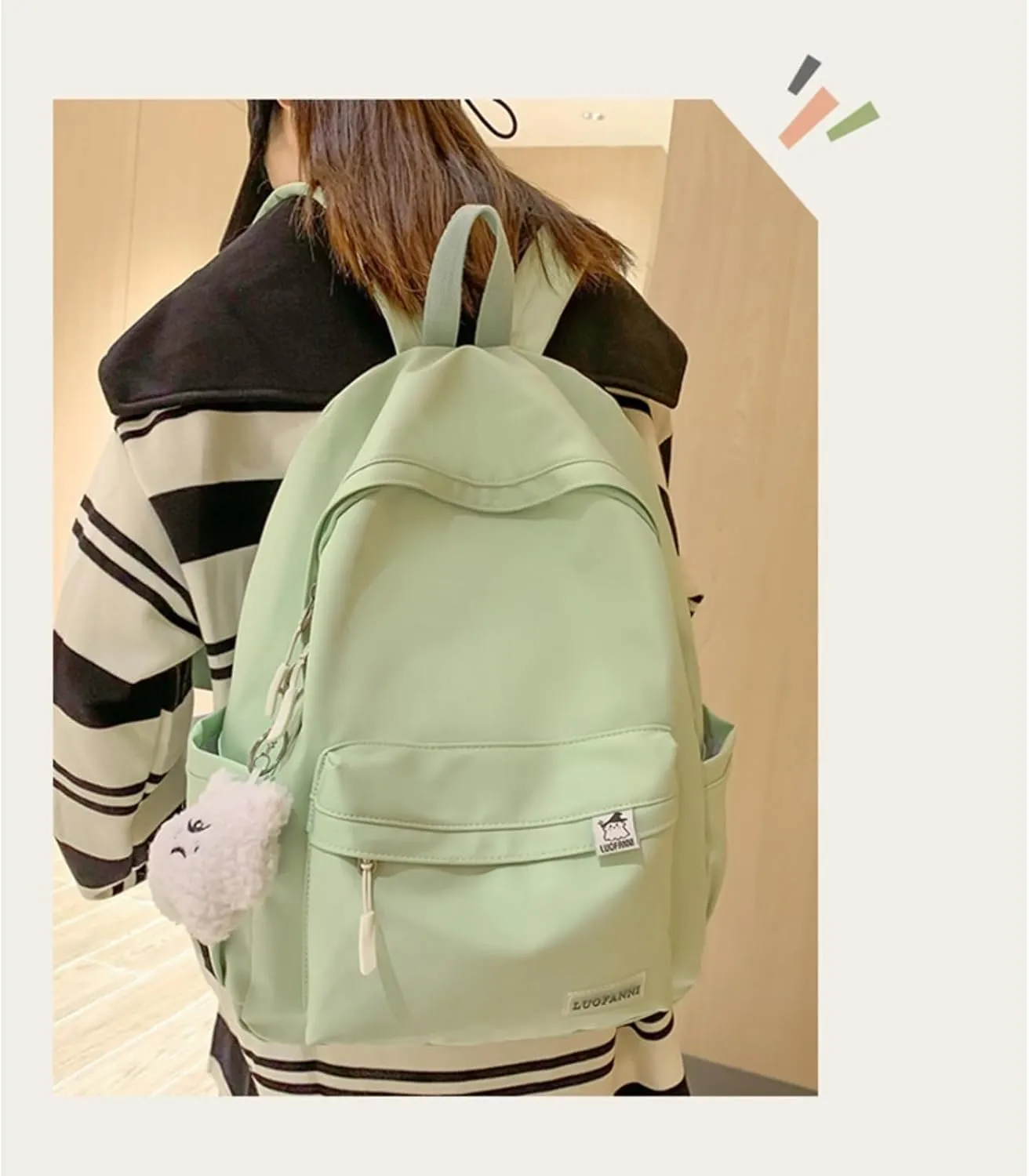 Kawaii Backpack with Cute Accessories Aesthetic 15.6 Inch Laptop Backpack Plush Pendant (Green)