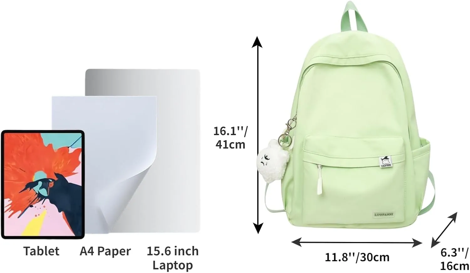 Kawaii Backpack with Cute Accessories Aesthetic 15.6 Inch Laptop Backpack Plush Pendant (Green)