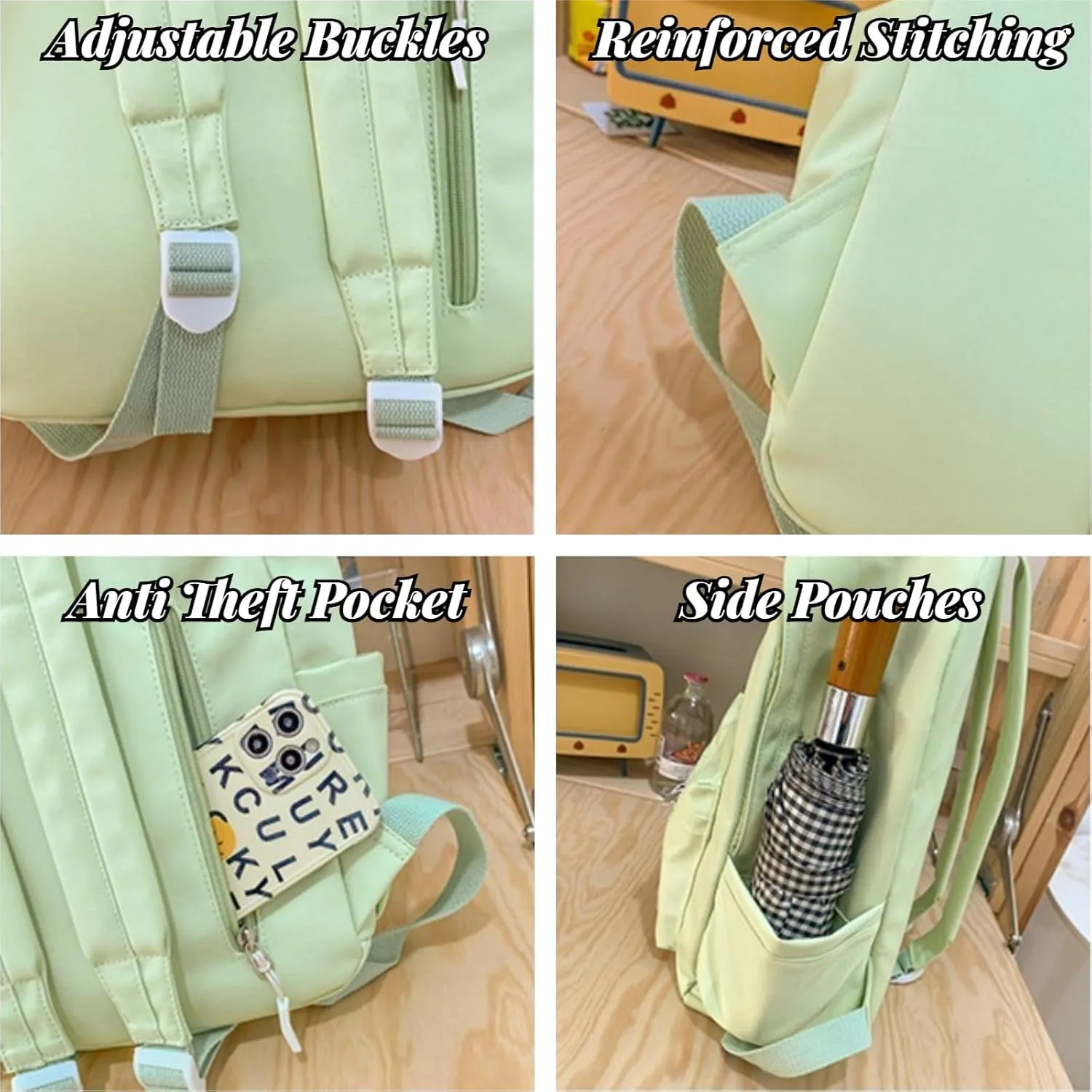 Kawaii Backpack with Cute Accessories Aesthetic 15.6 Inch Laptop Backpack Plush Pendant (Green)