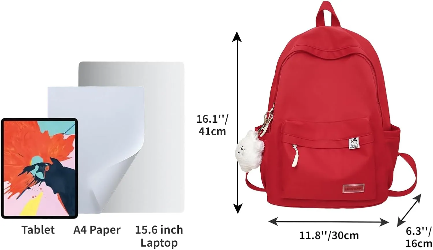 Kawaii Backpack with Cute Accessories Aesthetic 15.6 Inch Laptop Backpack Plush Pendant (Red)