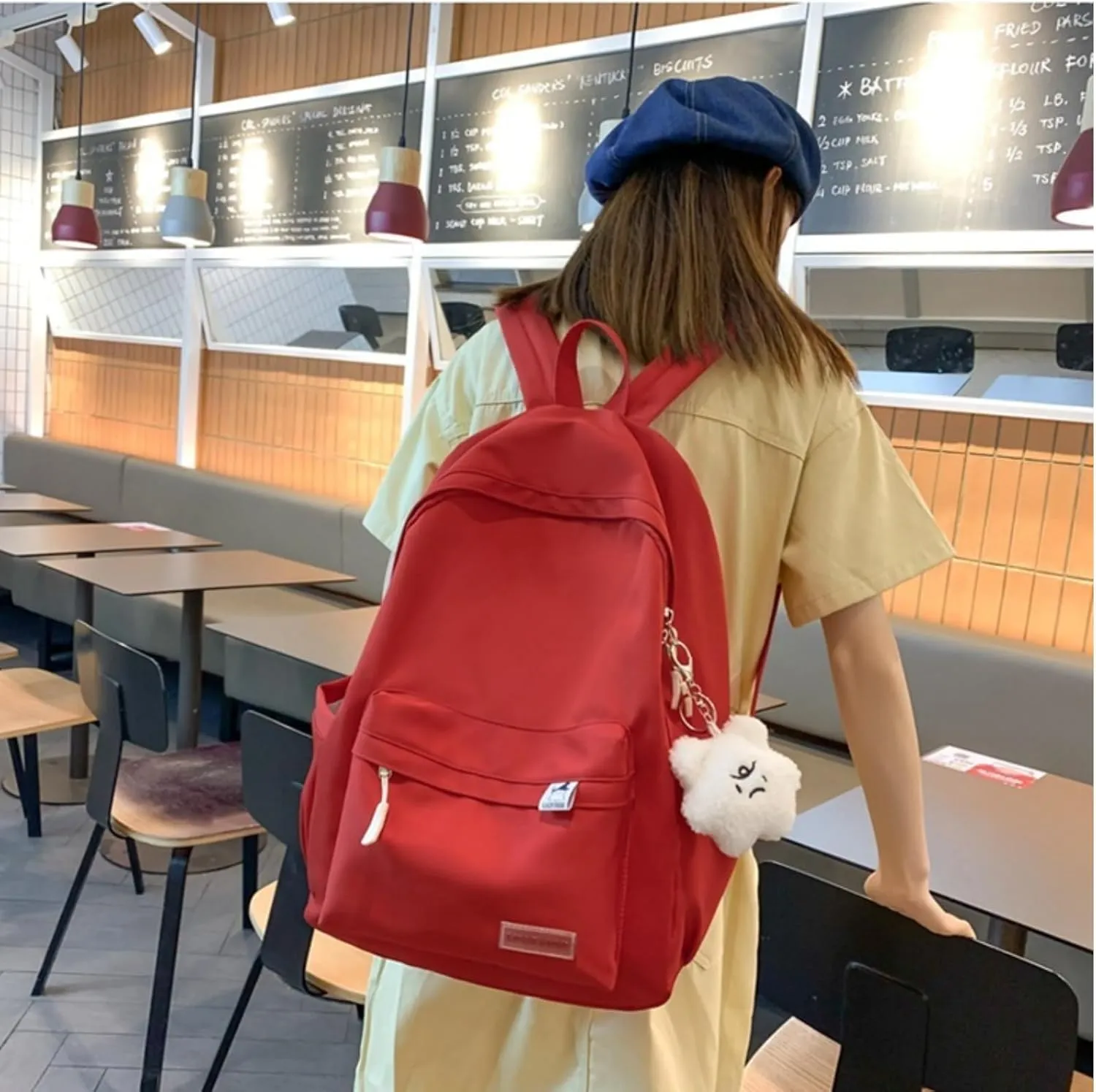 Kawaii Backpack with Cute Accessories Aesthetic 15.6 Inch Laptop Backpack Plush Pendant (Red)