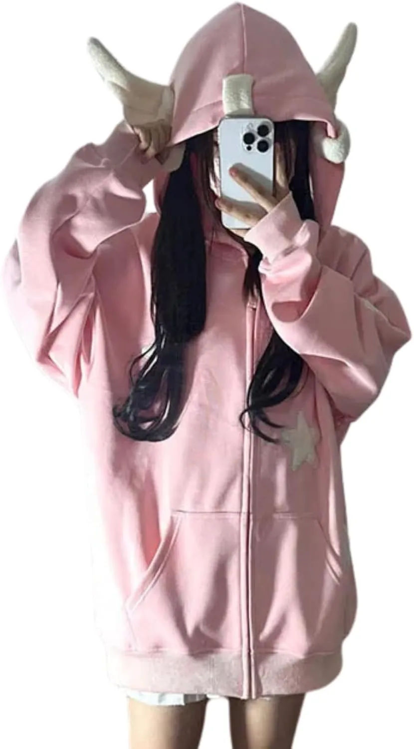 Kawaii Clothes Cute Y2k Hoodie Zip Up Jacket for Teen Girls Oversized