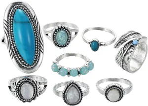 KESYOO Vintage Finger Ring Set for Women Alloy Imitation Turquoise Rings Stackable Joint Rings Retro Style Hand Jewelry