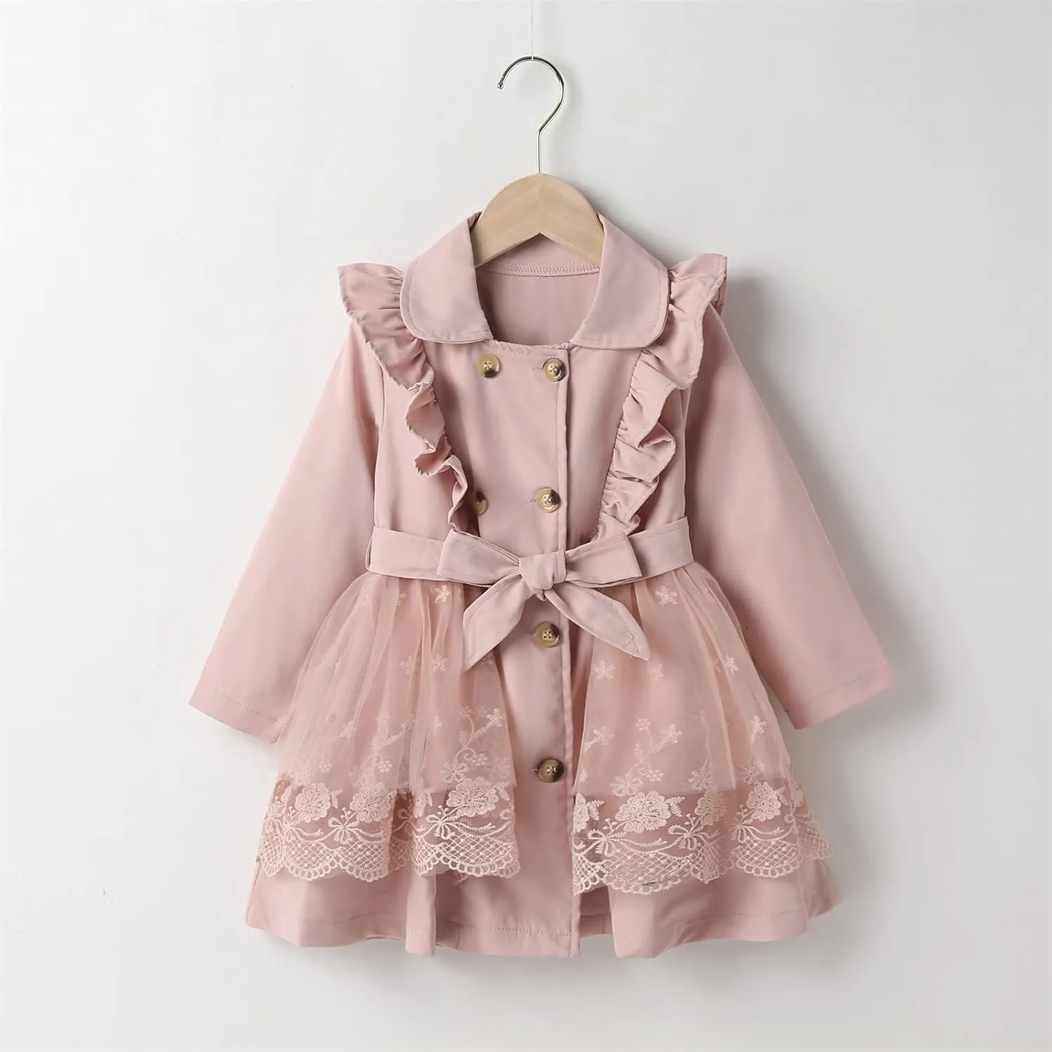 Kids Toddler Girls Ruffles Long Sleeve Trench Coat Double Breasted Lace Edge Outwear Girls Winter Jacket Baby Girl