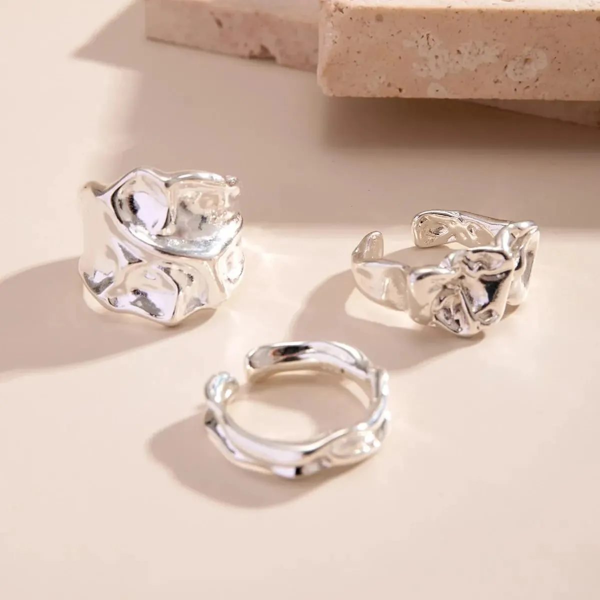 KURTCB Chunky Gold Silver Rings for Women Non Tarnish Statement Irregular Stackable Rings Set 3PCS