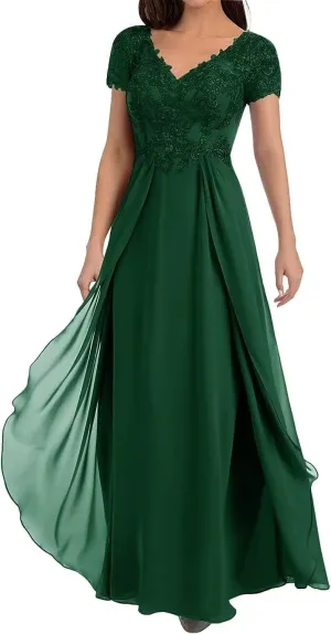 Lace Appliques Mother of The Bride Dresses for Wedding Cap Sleeve V Neck Chiffon A LineFormal Evening Party Gowns for Women