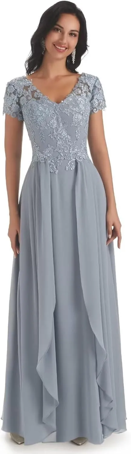Lace Appliques Mother of The Bride Dresses for Wedding Cap Sleeve V Neck Chiffon A LineFormal Evening Party Gowns for Women