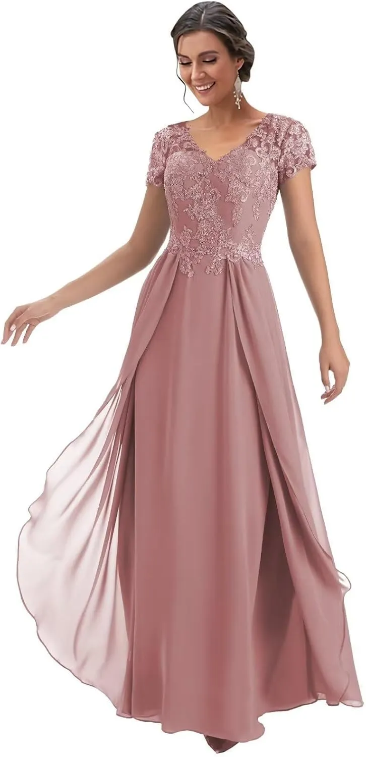 Lace Appliques Mother of The Bride Dresses for Wedding Cap Sleeve V Neck Chiffon A LineFormal Evening Party Gowns for Women
