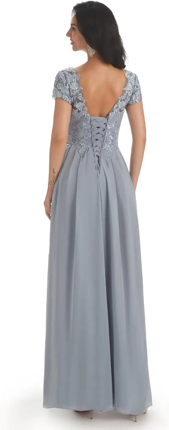 Lace Appliques Mother of The Bride Dresses for Wedding Cap Sleeve V Neck Chiffon A LineFormal Evening Party Gowns for Women