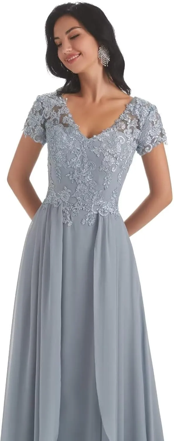Lace Appliques Mother of The Bride Dresses for Wedding Cap Sleeve V Neck Chiffon A LineFormal Evening Party Gowns for Women