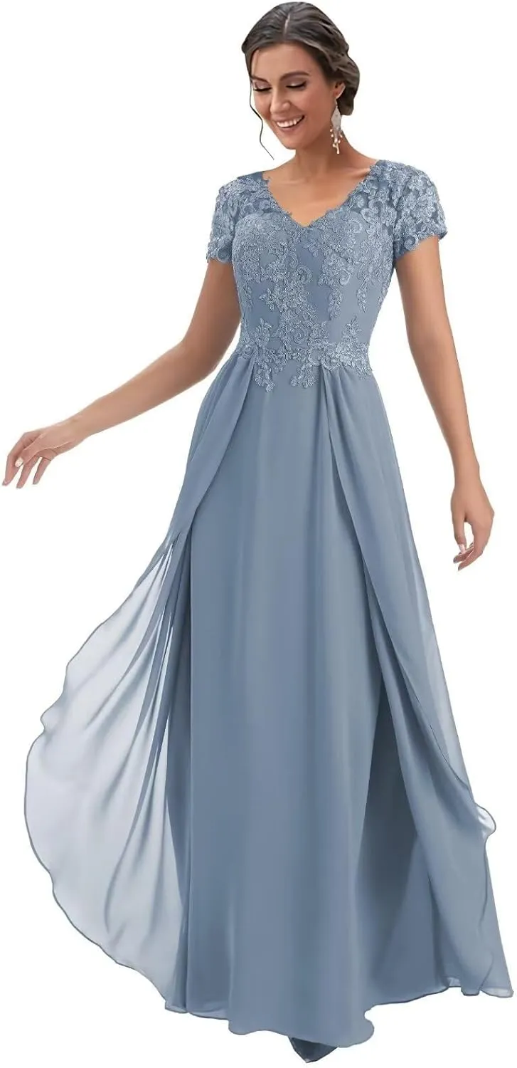 Lace Appliques Mother of The Bride Dresses for Wedding Cap Sleeve V Neck Chiffon A LineFormal Evening Party Gowns for Women