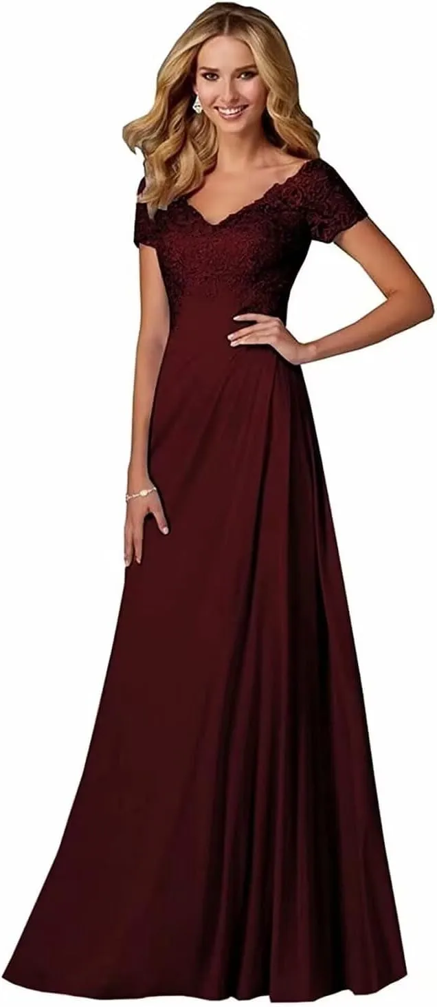 Lace Appliques Mother of The Bride Dresses for Wedding V-Neck Chiffon Long Formal Evening Gowns with Sleeve