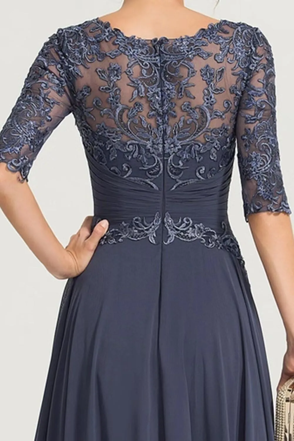 Lace Crew Neck Mother of The Bride Dress with Sleeves A Line Long Chiffon Wedding Guest Gowns with Appliques