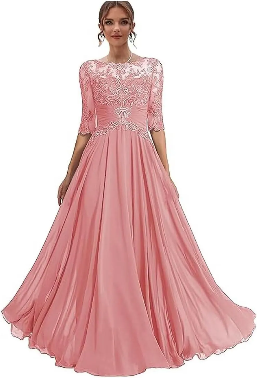 Lace Crew Neck Mother of The Bride Dress with Sleeves A Line Long Chiffon Wedding Guest Gowns with Appliques