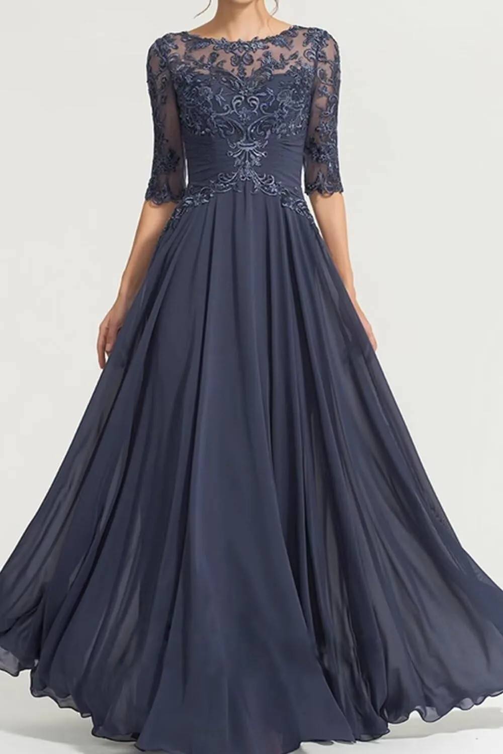 Lace Crew Neck Mother of The Bride Dress with Sleeves A Line Long Chiffon Wedding Guest Gowns with Appliques