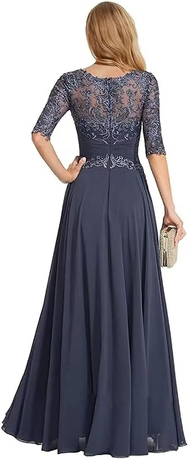 Lace Crew Neck Mother of The Bride Dress with Sleeves A Line Long Chiffon Wedding Guest Gowns with Appliques