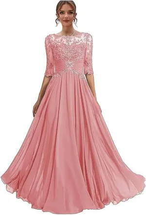Lace Crew Neck Mother of The Bride Dress with Sleeves A Line Long Chiffon Wedding Guest Gowns with Appliques