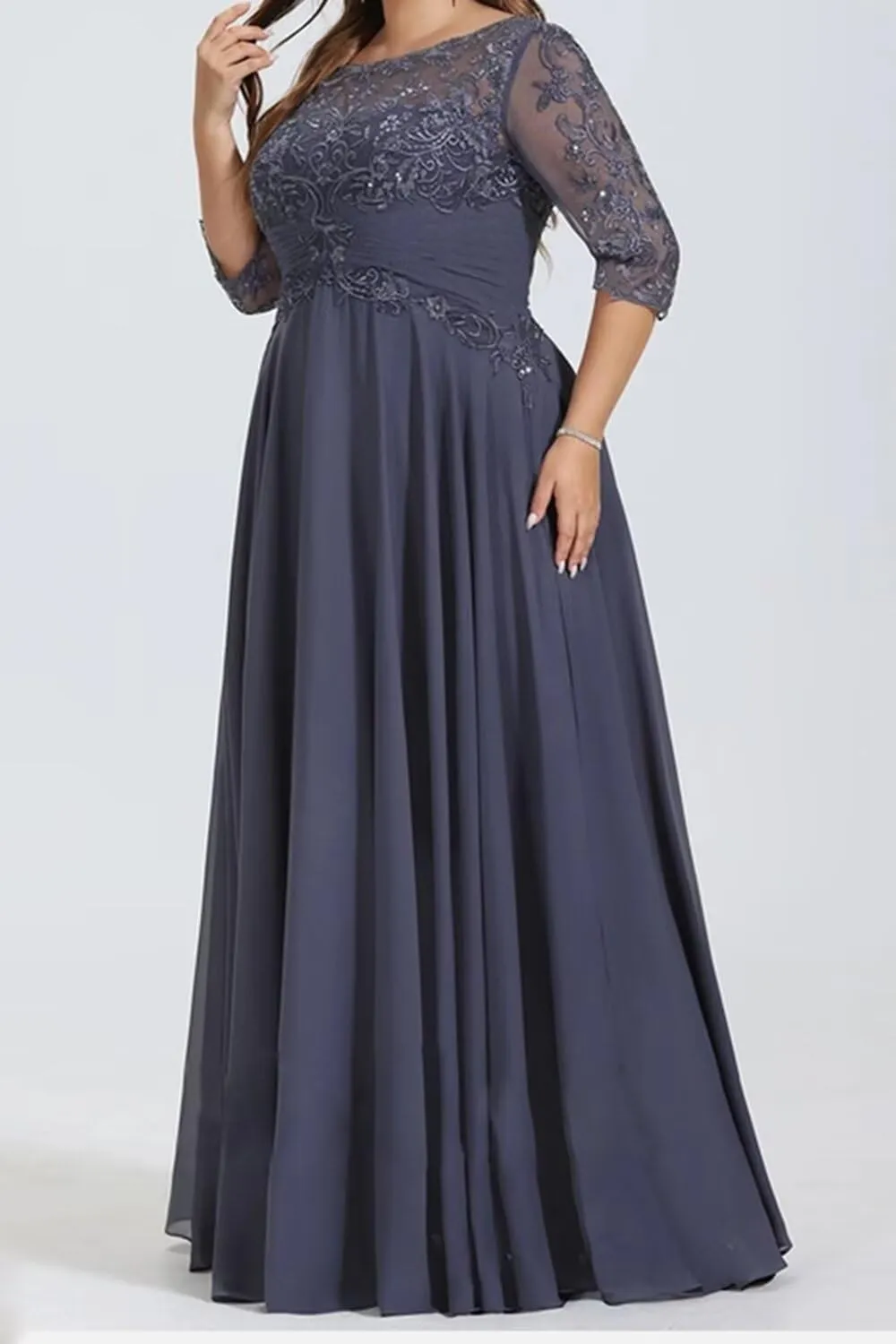 Lace Crew Neck Mother of The Bride Dress with Sleeves A Line Long Chiffon Wedding Guest Gowns with Appliques