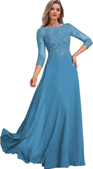 Lace Mother of The Bride Dresses with Sleeves Chiffon Wedding Party Dress for Women Long Formal Gown
