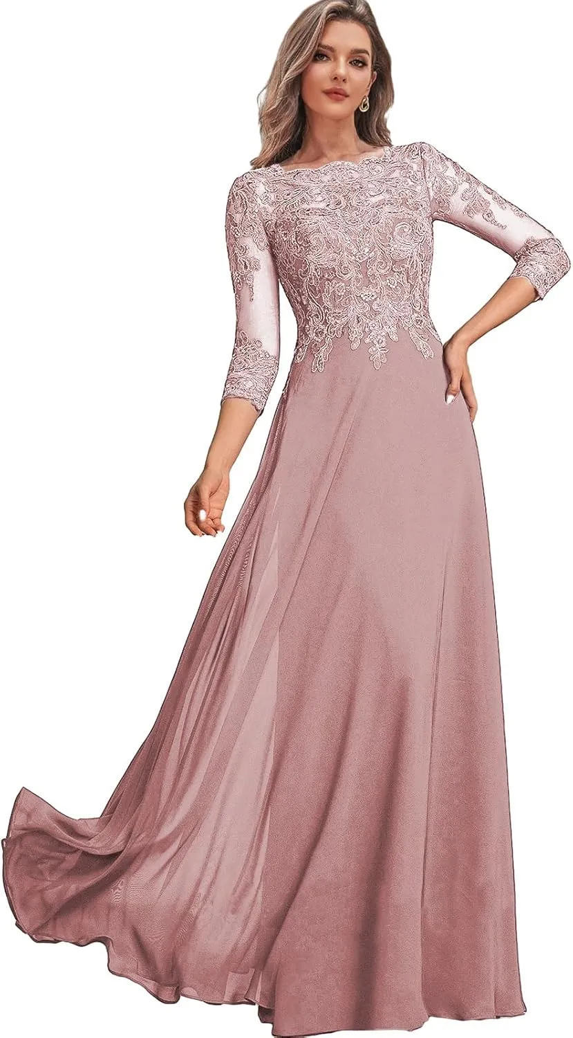 Lace Mother of The Bride Dresses with Sleeves Chiffon Wedding Party Dress for Women Long Formal Gown