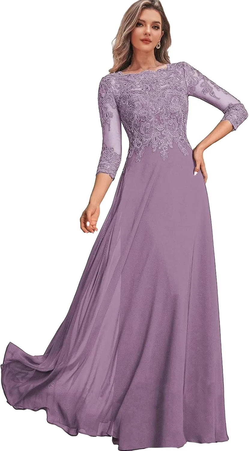 Lace Mother of The Bride Dresses with Sleeves Chiffon Wedding Party Dress for Women Long Formal Gown