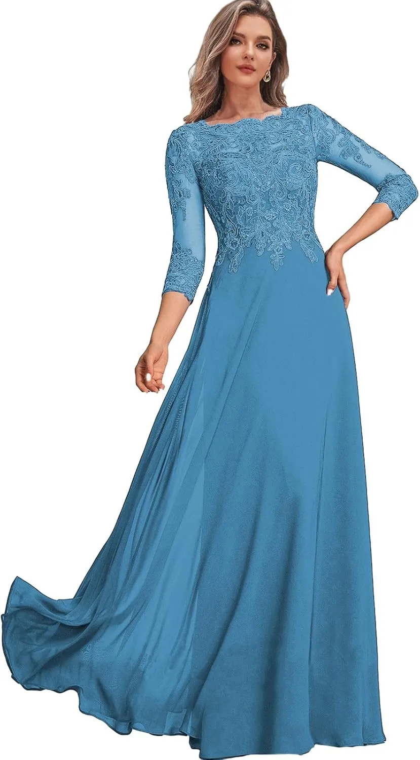 Lace Mother of The Bride Dresses with Sleeves Chiffon Wedding Party Dress for Women Long Formal Gown