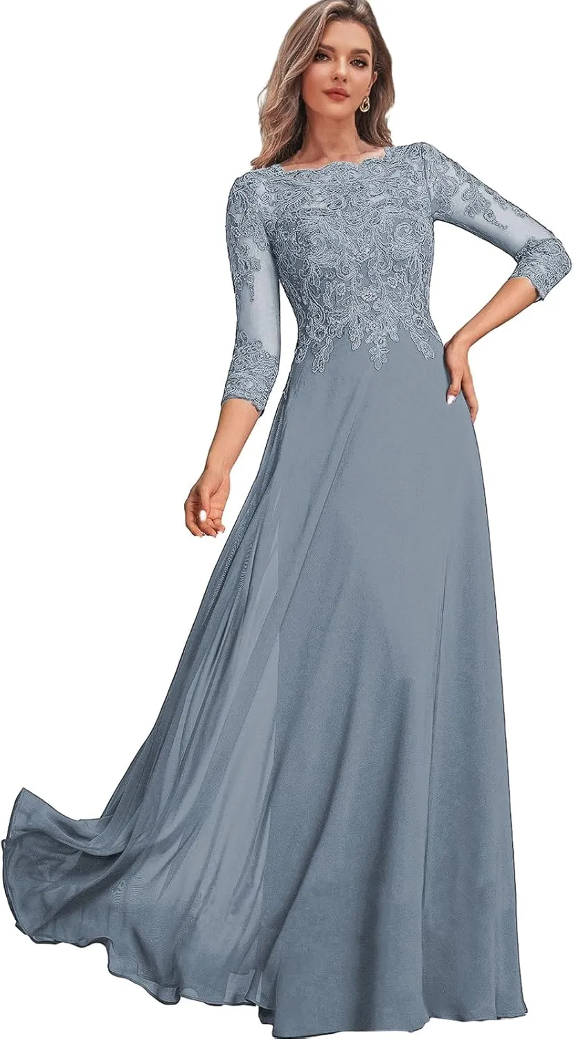 Lace Mother of The Bride Dresses with Sleeves Chiffon Wedding Party Dress for Women Long Formal Gown