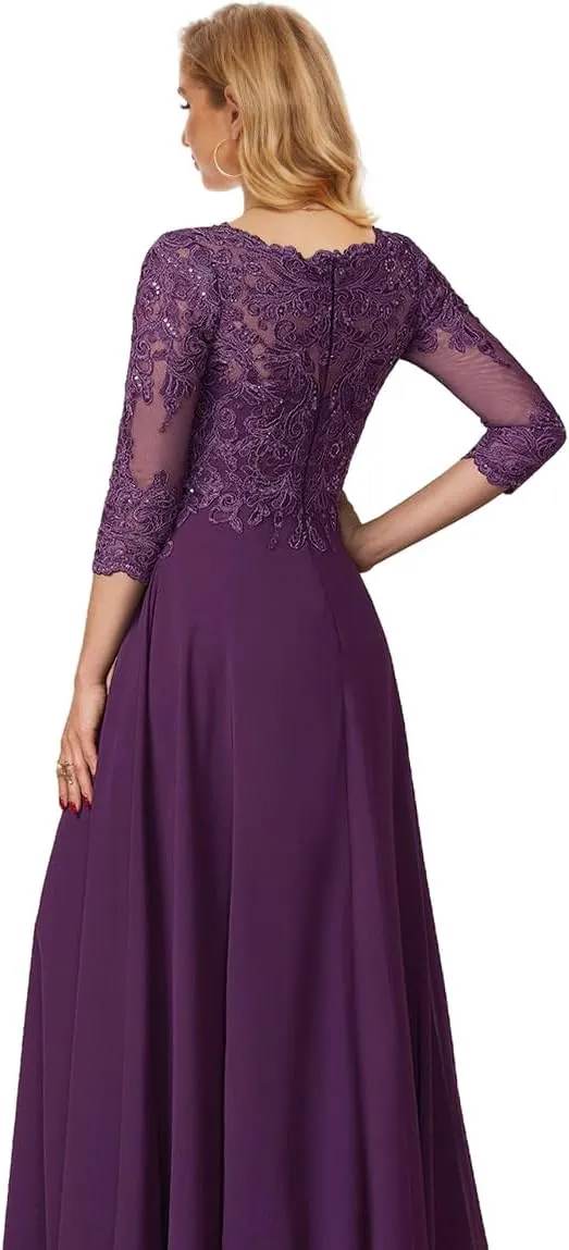 Lace Mother of The Bride Dresses with Sleeves Chiffon Wedding Party Dress for Women Long Formal Gown