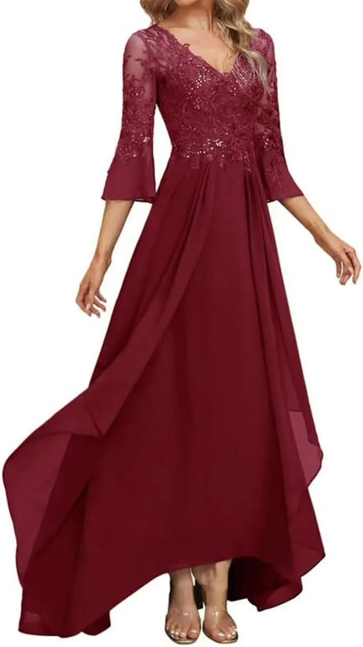 Lace Sequin Mother of The Bride Dress Chiffon Evening Dress Long Mother of The Groom Dresses with Bell Sleeves MK46