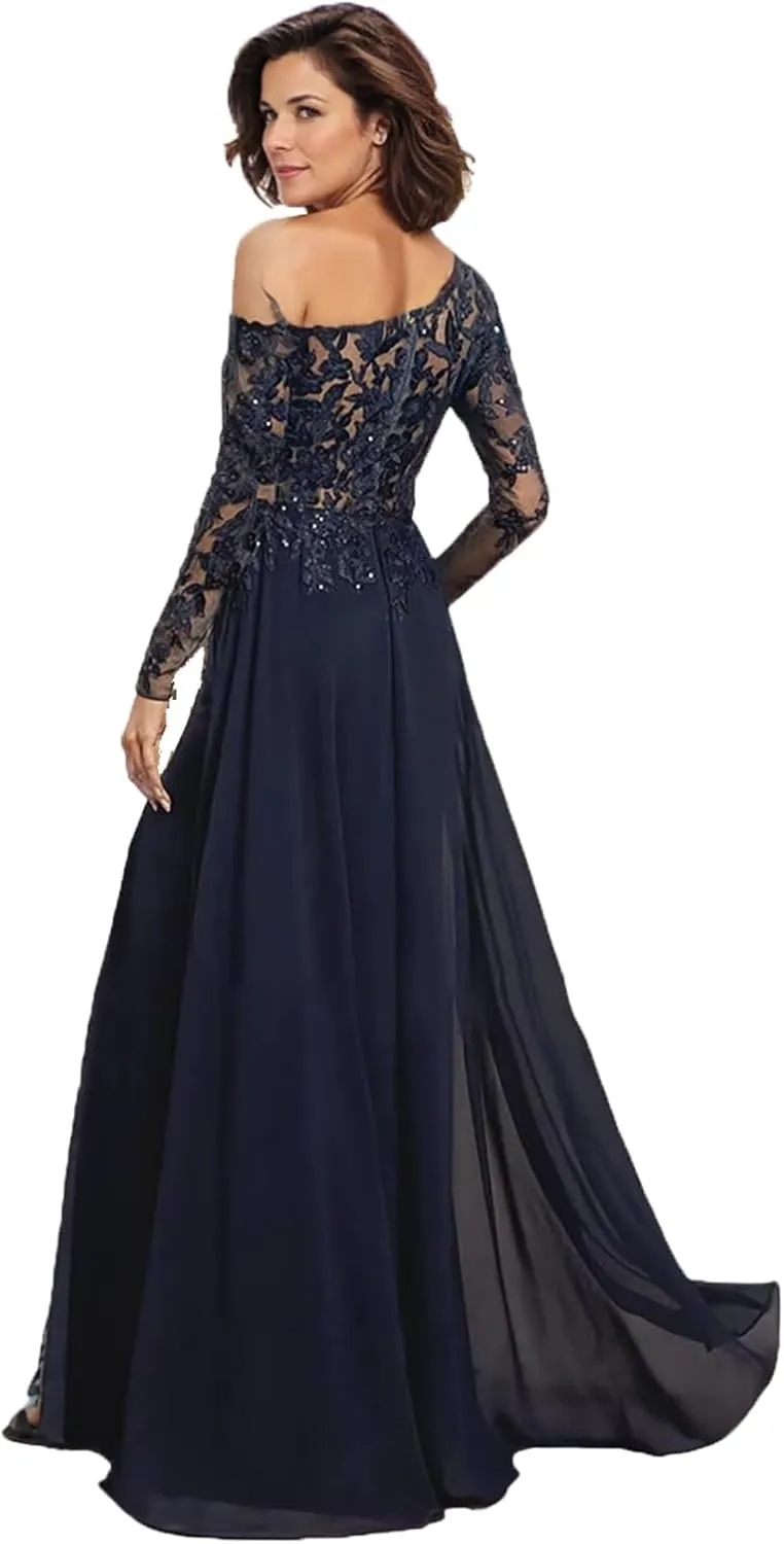 Lace Sequins Mother of Bride Dresses for Wedding One Shoulder Long Sleeve Formal Evening Gown with Slit