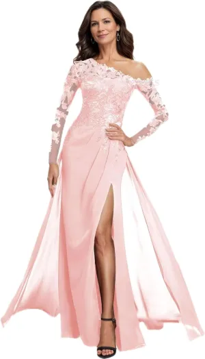 Lace Sequins Mother of Bride Dresses for Wedding One Shoulder Long Sleeve Formal Evening Gown with Slit