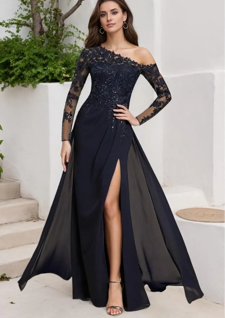 Lace Sequins Mother of Bride Dresses for Wedding One Shoulder Long Sleeve Formal Evening Gown with Slit