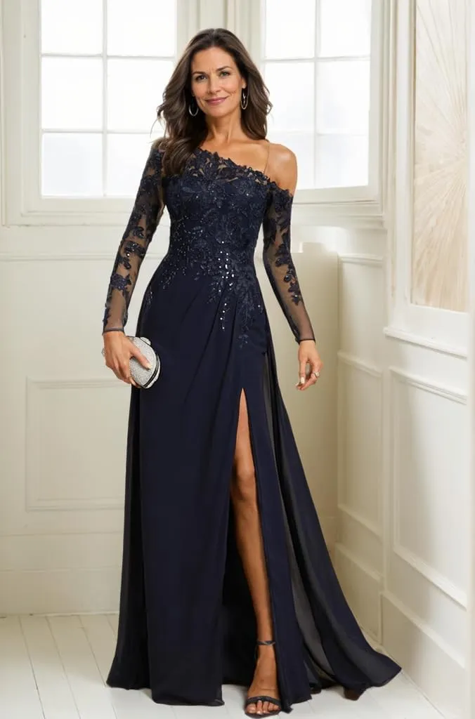 Lace Sequins Mother of Bride Dresses for Wedding One Shoulder Long Sleeve Formal Evening Gown with Slit