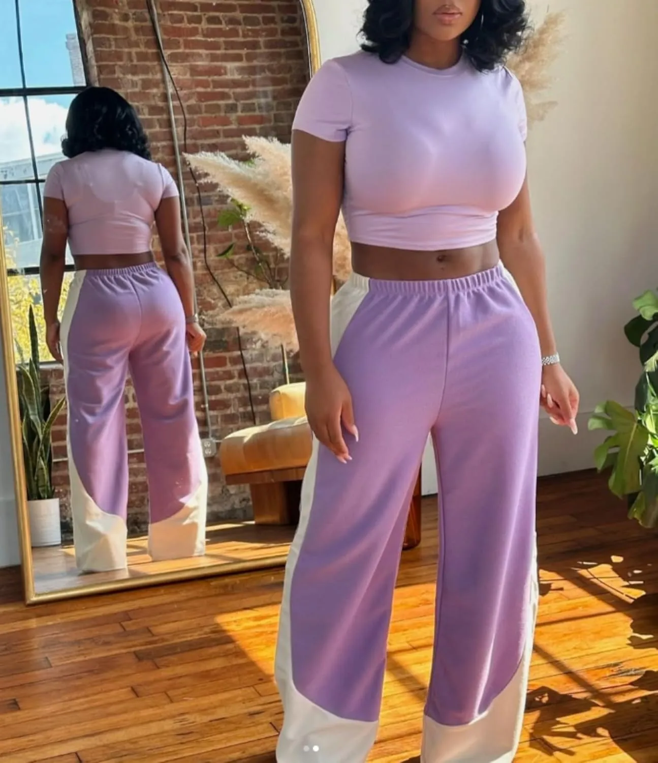 LAJIOJIO Wide Leg Sweatpants Women Color Block Baggy High Elastic Waist Straight Leg Trousers Workout Track Pants