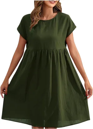 lcziwo Cotton Linen Dresses for Women Casual Summer Short Sleeve Crew Neck Midi Dress Travel Vacation Beach Flowy Sun Dress