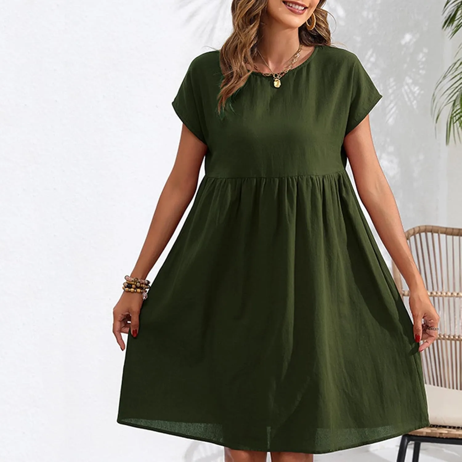 lcziwo Cotton Linen Dresses for Women Casual Summer Short Sleeve Crew Neck Midi Dress Travel Vacation Beach Flowy Sun Dress
