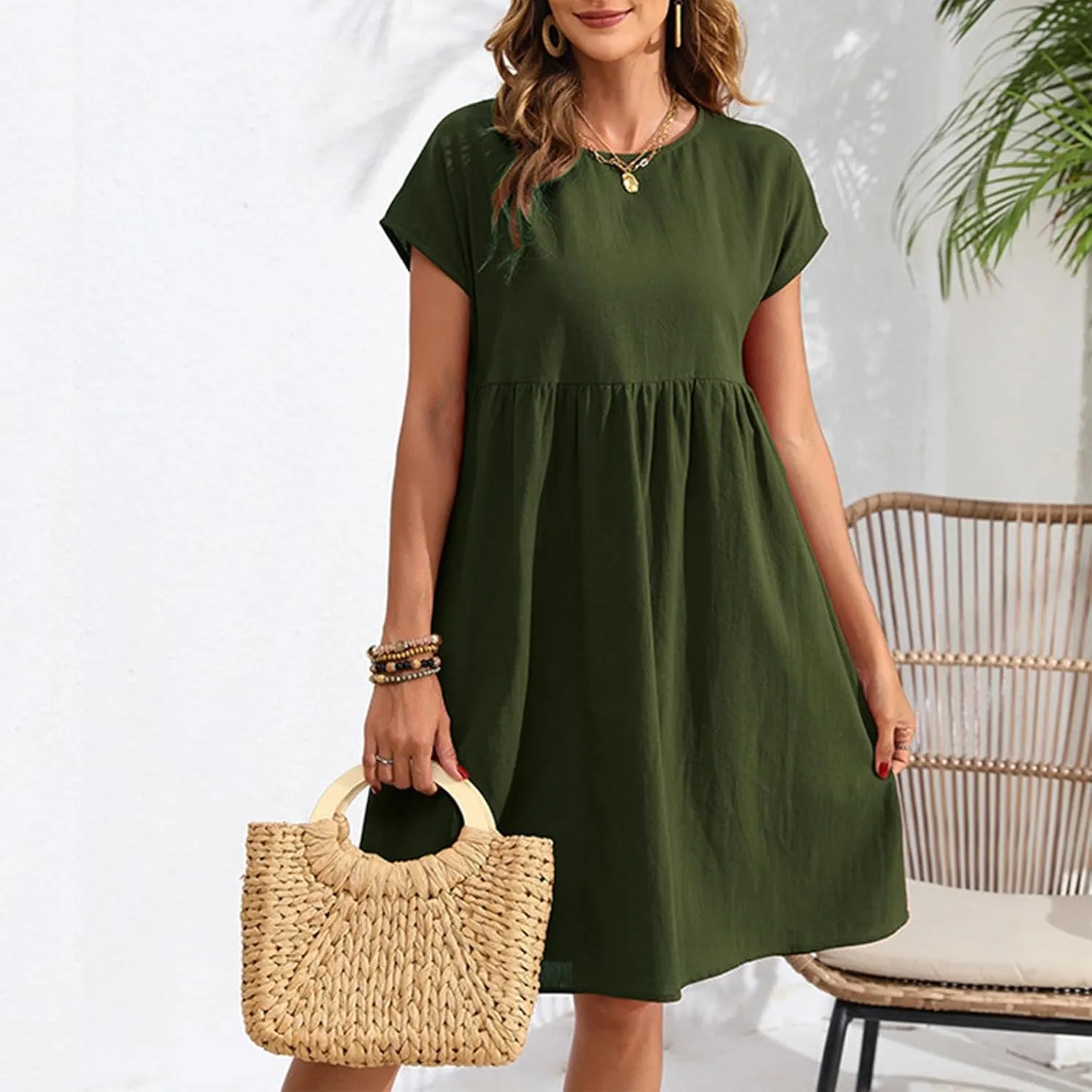 lcziwo Cotton Linen Dresses for Women Casual Summer Short Sleeve Crew Neck Midi Dress Travel Vacation Beach Flowy Sun Dress