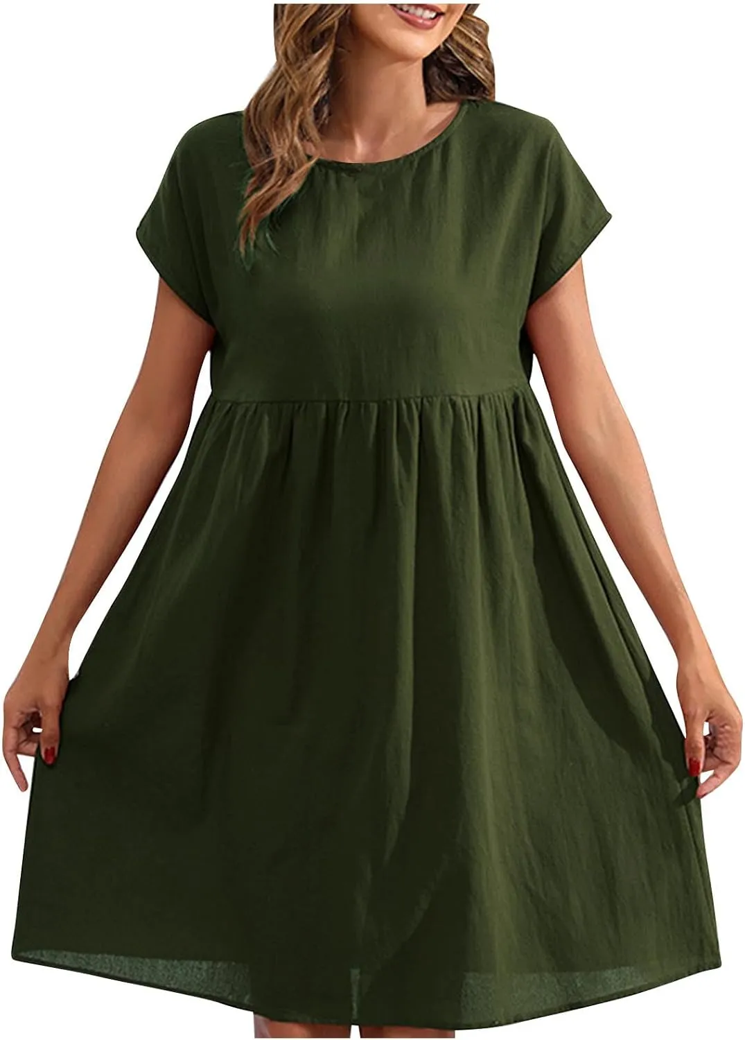 lcziwo Cotton Linen Dresses for Women Casual Summer Short Sleeve Crew Neck Midi Dress Travel Vacation Beach Flowy Sun Dress