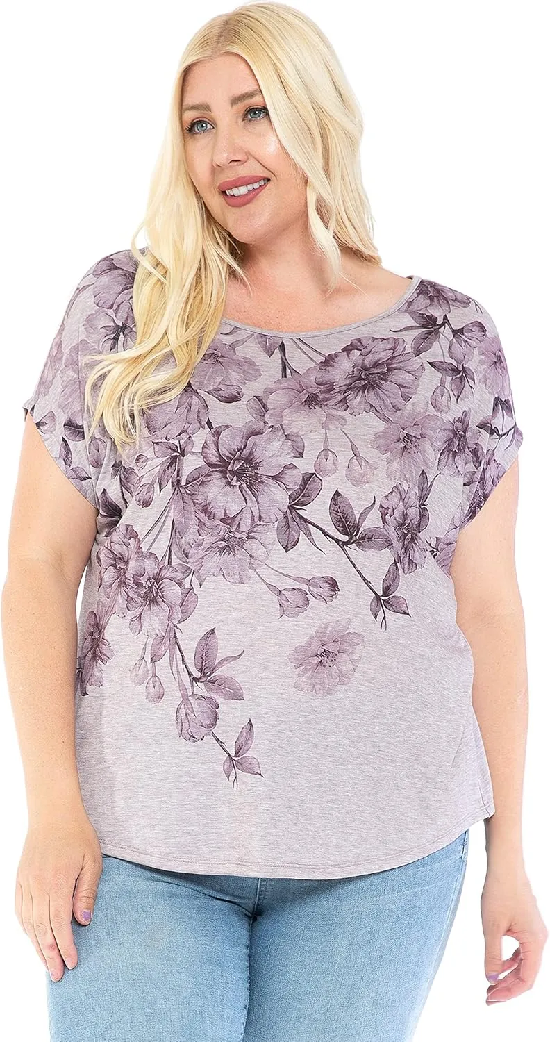LEEBE Women and Plus Size Crew Neck Dolman Short Sleeve Print Top (Small-5X)