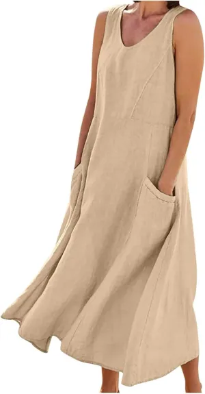 Linen Dress Women 2025 Sleeveless Cotton Linen Maxi Dresses Plus Size Flowy Tank Sundress Beach Vacation Outfits