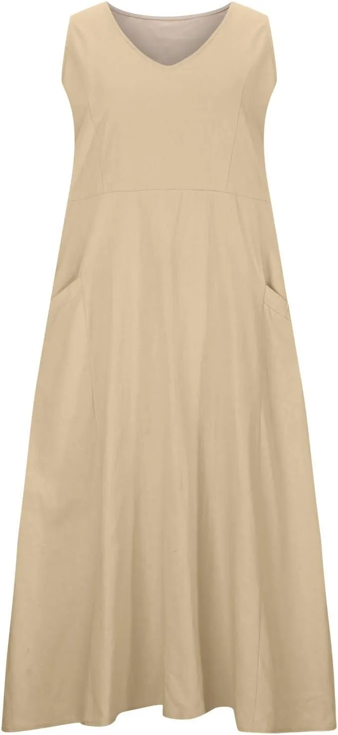 Linen Dress Women 2025 Sleeveless Cotton Linen Maxi Dresses Plus Size Flowy Tank Sundress Beach Vacation Outfits