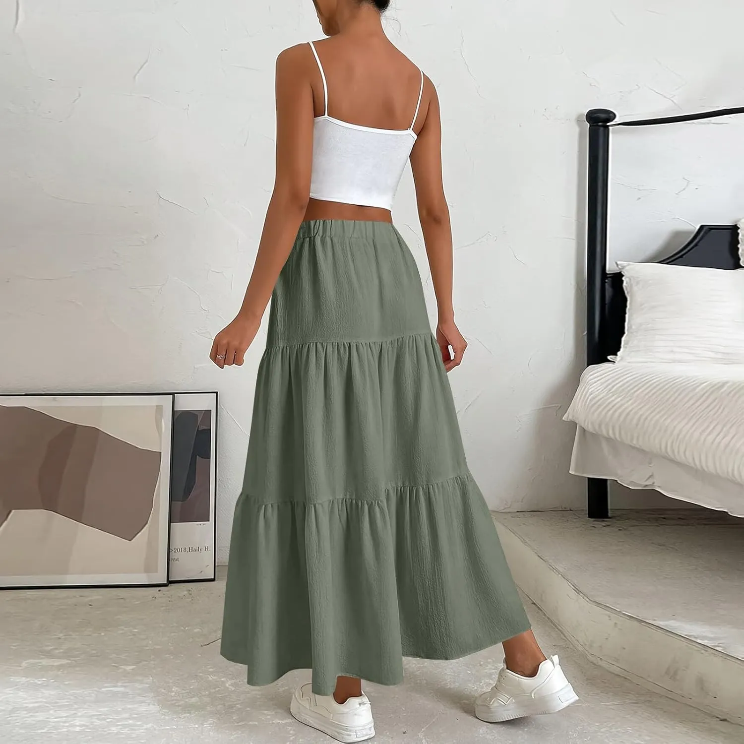 Linen Maxi Skirts for Women 2025 Summer Boho Long Flowy Skirt Bow Tie Elastic Waist Tiered Swing Pleated A Line Skirt