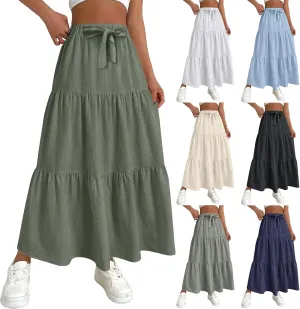 Linen Maxi Skirts for Women 2025 Summer Boho Long Flowy Skirt Bow Tie Elastic Waist Tiered Swing Pleated A Line Skirt