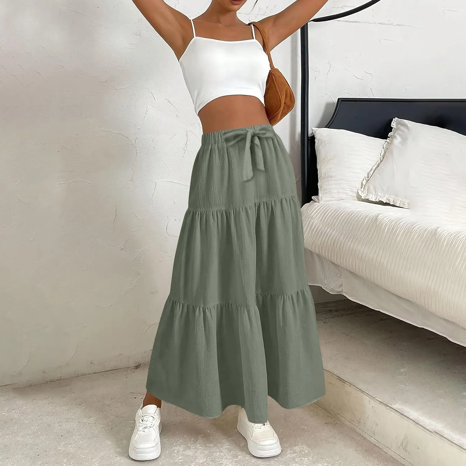 Linen Maxi Skirts for Women 2025 Summer Boho Long Flowy Skirt Bow Tie Elastic Waist Tiered Swing Pleated A Line Skirt