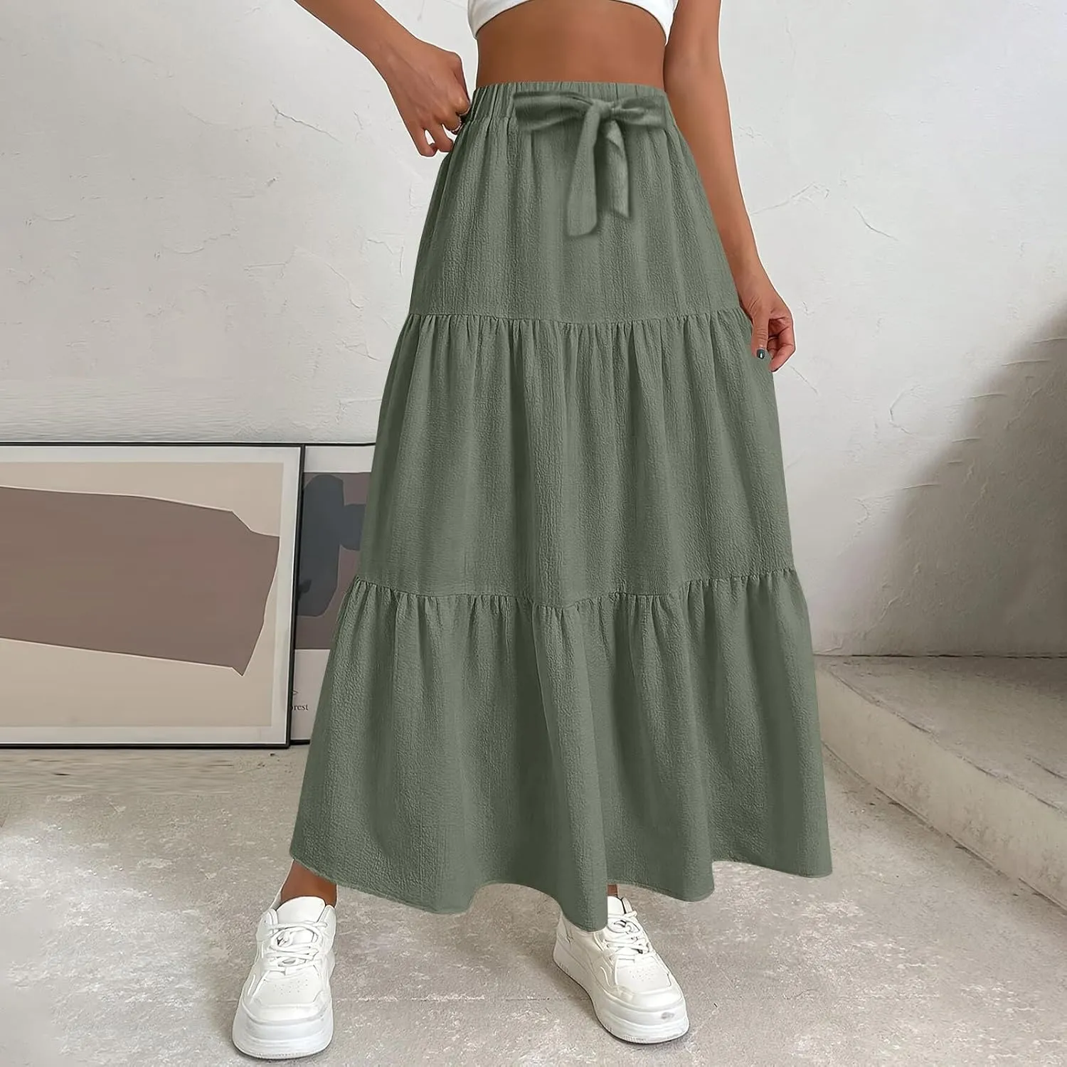 Linen Maxi Skirts for Women 2025 Summer Boho Long Flowy Skirt Bow Tie Elastic Waist Tiered Swing Pleated A Line Skirt
